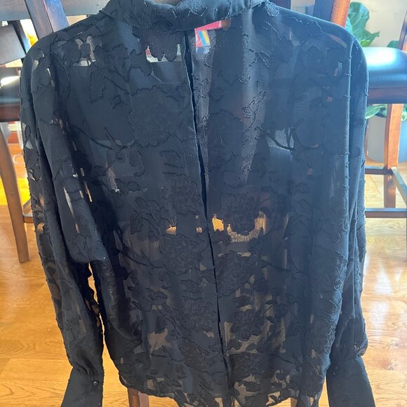 Black Sheer Button Down Floral Blouse Dress Shirt Large - Picture 3 of 10